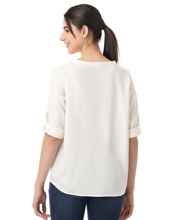 fyltr Women's Fashion V-Neck Top with Roll-up Sleeves  | Tops for Women | Soft & Comfortable |Women's Top for Office - Image 2